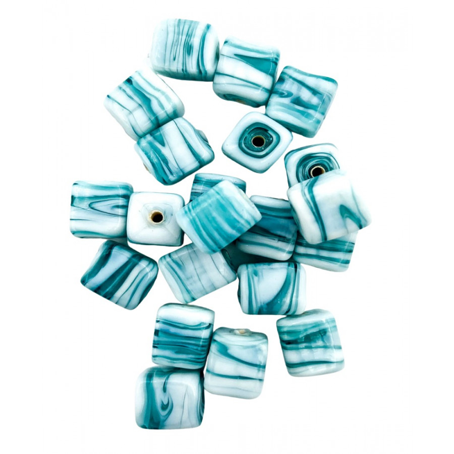 Glass beads from India. Light blue cube beads.