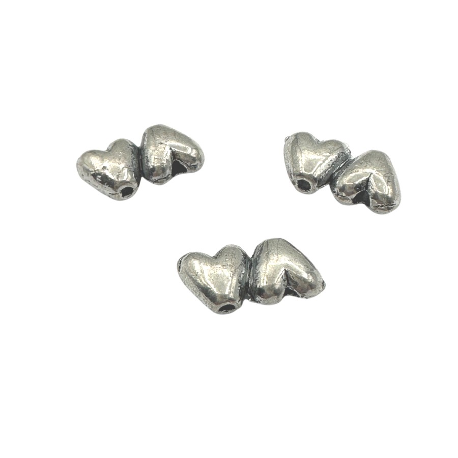 Two-hole metal bead heart 6x10mm 3pcs silver colour