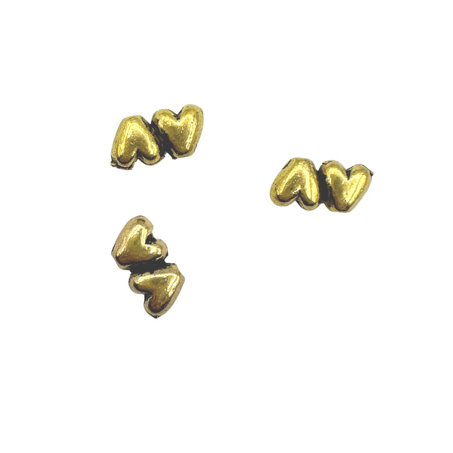Two-hole metal bead heart 6x10mm 3pcs gold colour