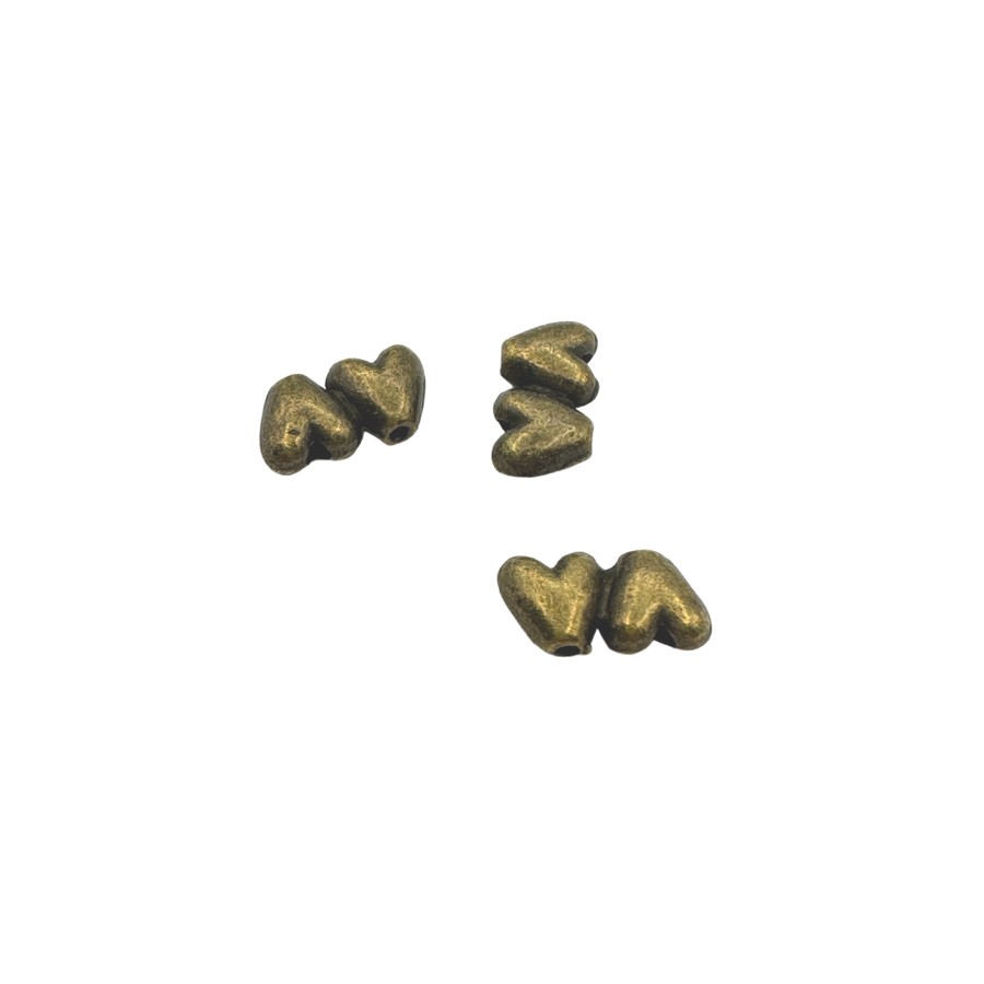 Two-hole metal bead heart 6x10mm 3pcs bronze colour