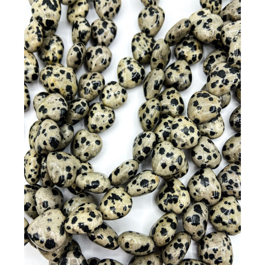 Dalmatian jasper heart beads. Gemstone bead strand of 39 cm.