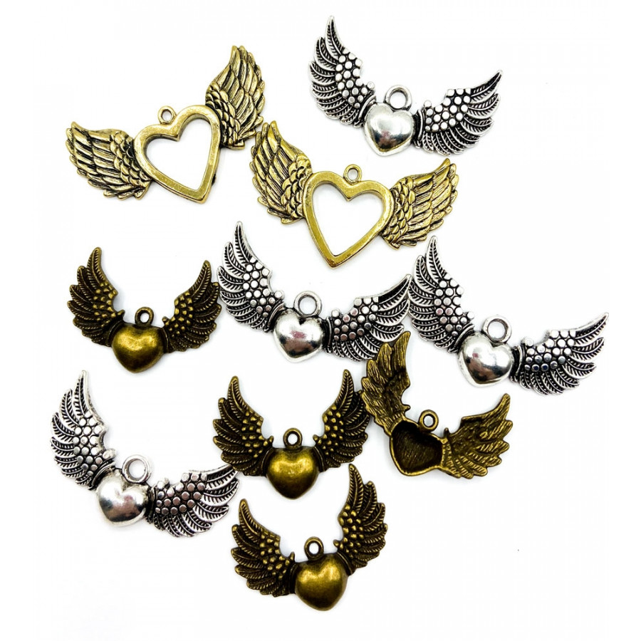 Gold, bronze and silver colour wings pendants and charms. Mix pack.
